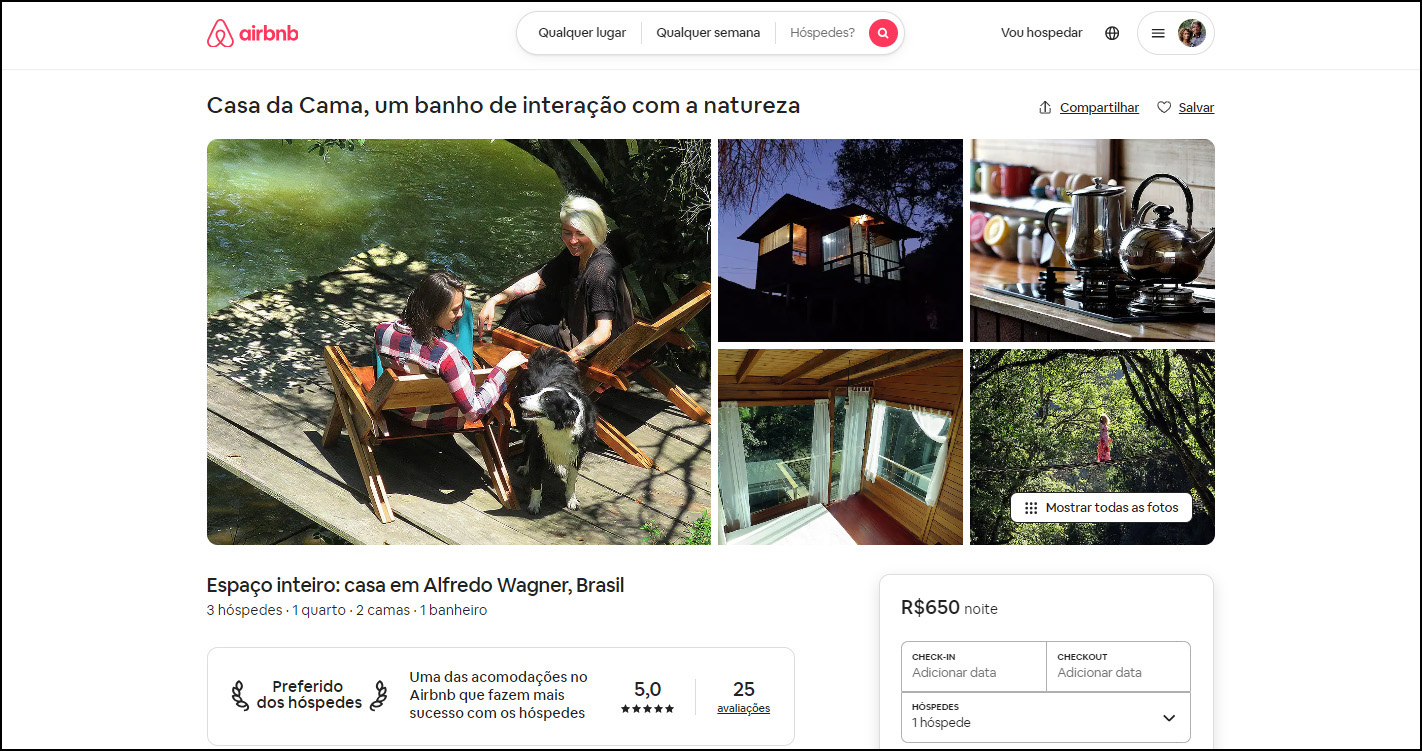 Reprodução da primeira página do perfil da Casa da Cama no Aibnb
